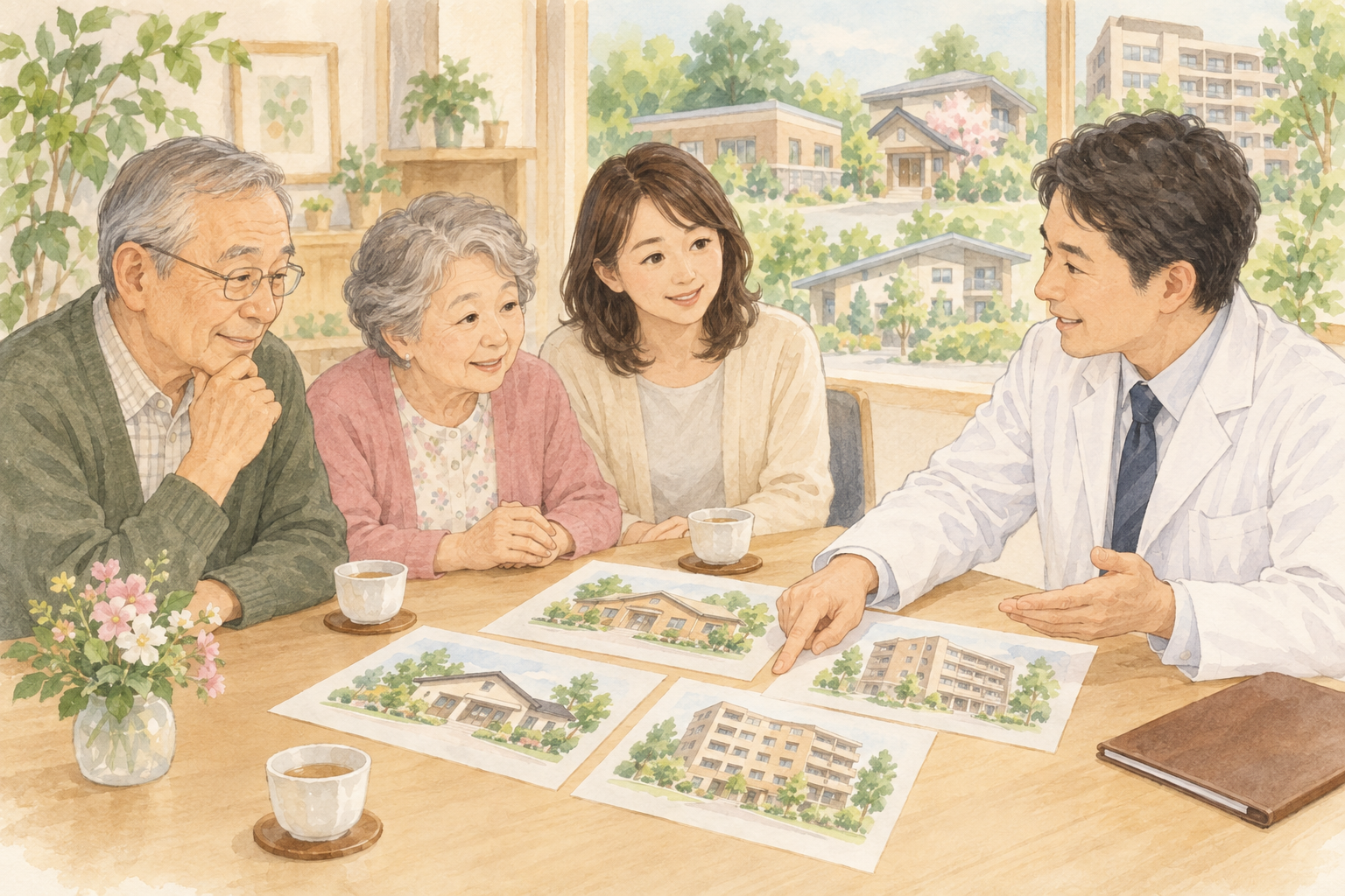 高齢の夫婦と家族が医師と介護施設の選び方を相談するイラスト