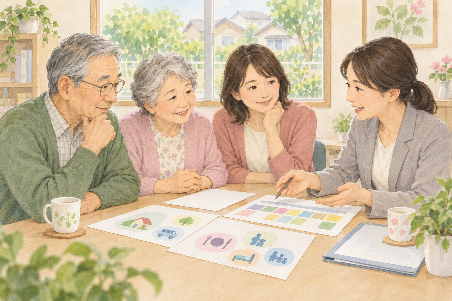 高齢の夫婦と家族が相談員と介護サービスの予定を確認するイラスト